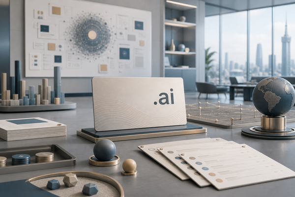 展示 .ai 域名语义、产品命名和候选名单比较关系的主视觉